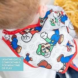 Bumkins Short Sleeve Bib for Girl or Boy, Toddler and Kids for 1-3 Years, Large Size, Essential Must Have for Junior Children, Eating, Mess Saving Soft Fabric Apron for Play, Nintendo Mario and Luigi