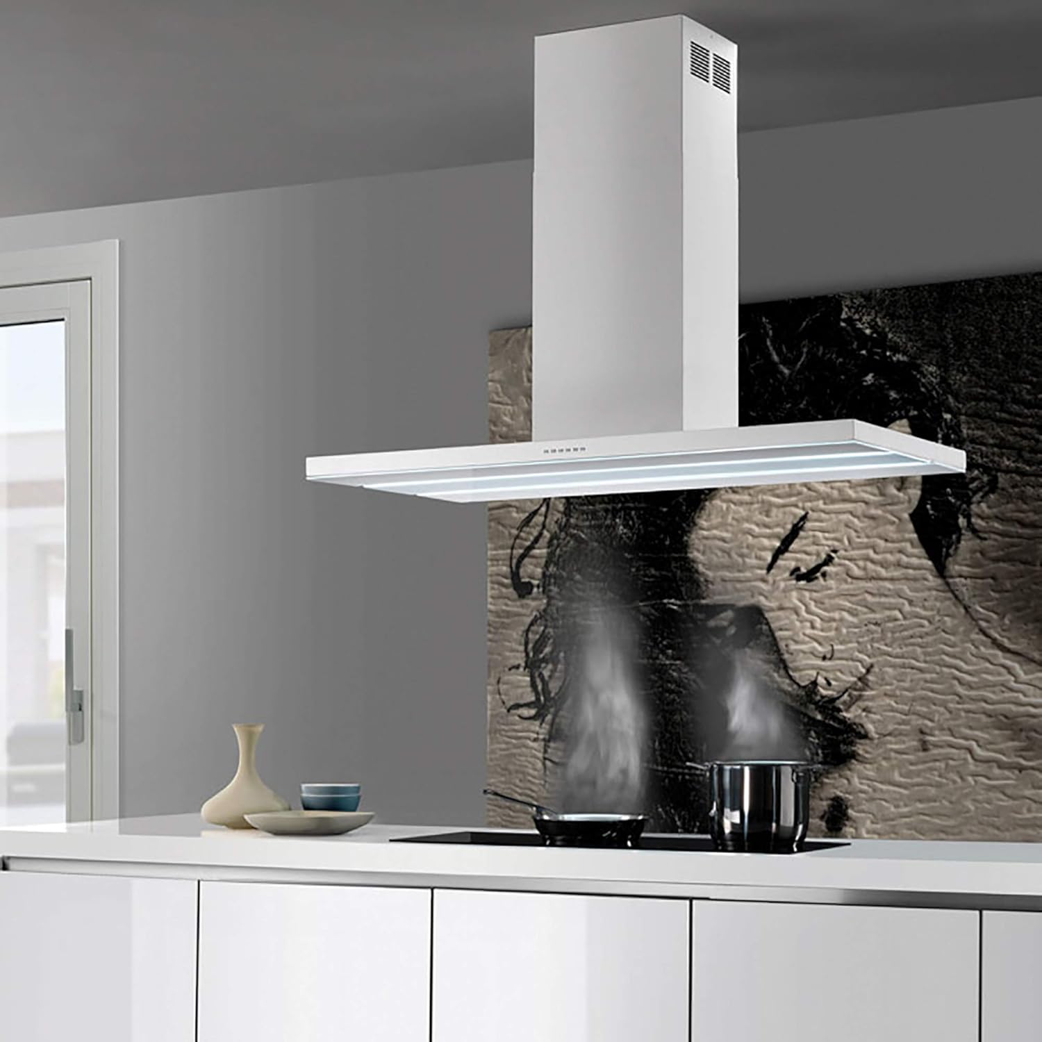 Futuro Futuro Range Hood 36" 940-CFM | Viale White | Island-Mount Stainless Steel Vent Hood | Modern Italian Exhaust Hood | LED, Ultra-Quiet with Blower