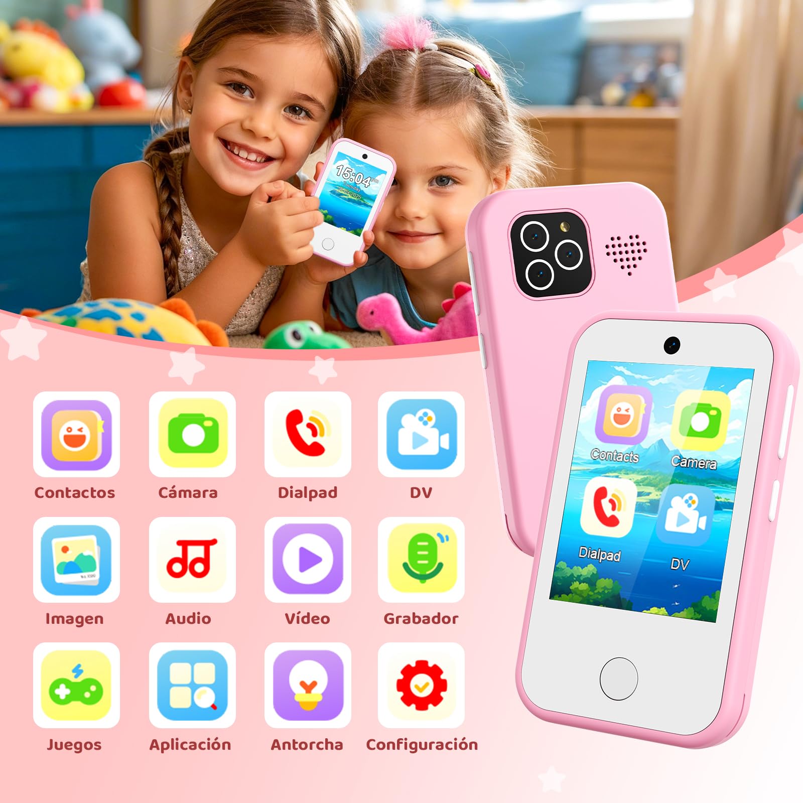 Teléfono móvil 4G para niños con cámara Dual, Pantalla táctil de 2,8 Pulgadas, Juguete Educativo para niños y niñas de 3, 4, 5, 6, 7, 8 y 9 años, Color Rosa