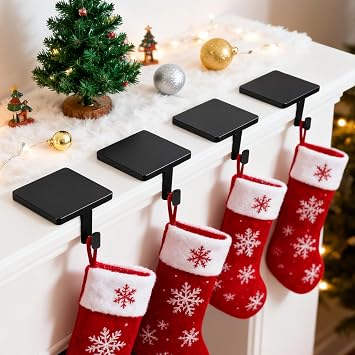 Set of 4 Metal Christmas Stocking Holders for Mantle Heavy Duty Stocking Hangers Stocking Hook Christmas Ornaments for Counter Tables Window Fireplace Mantle Decoration Black