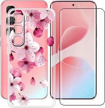 Clear Case for Infinix Hot 60 Pro Plus 6.78" with 1 x Tempered Glass Screen Protector, Slim Soft TPU Shockproof X Anti-Scratch Phone Cover for Infinix Hot 60 Pro Plus - Peach Blossom