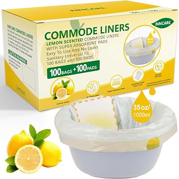 Commode Liners with Absorbent Pads for Bedside Commode, 100 Lemon Scented Bedside Commode Liners and 100 Commode Pads, Commode Toilet & Camping Toilet Bags