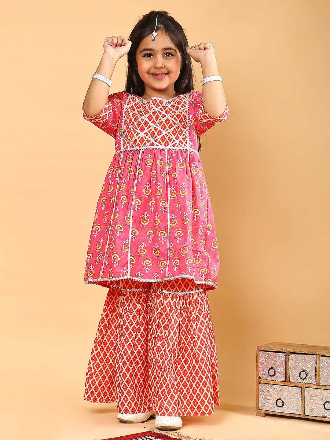 superminis Baby Girls Cotton Sanganeri Printed Frock Style Kurti With Printed Sharara Dress (6-12 Months, Light Pink) 1