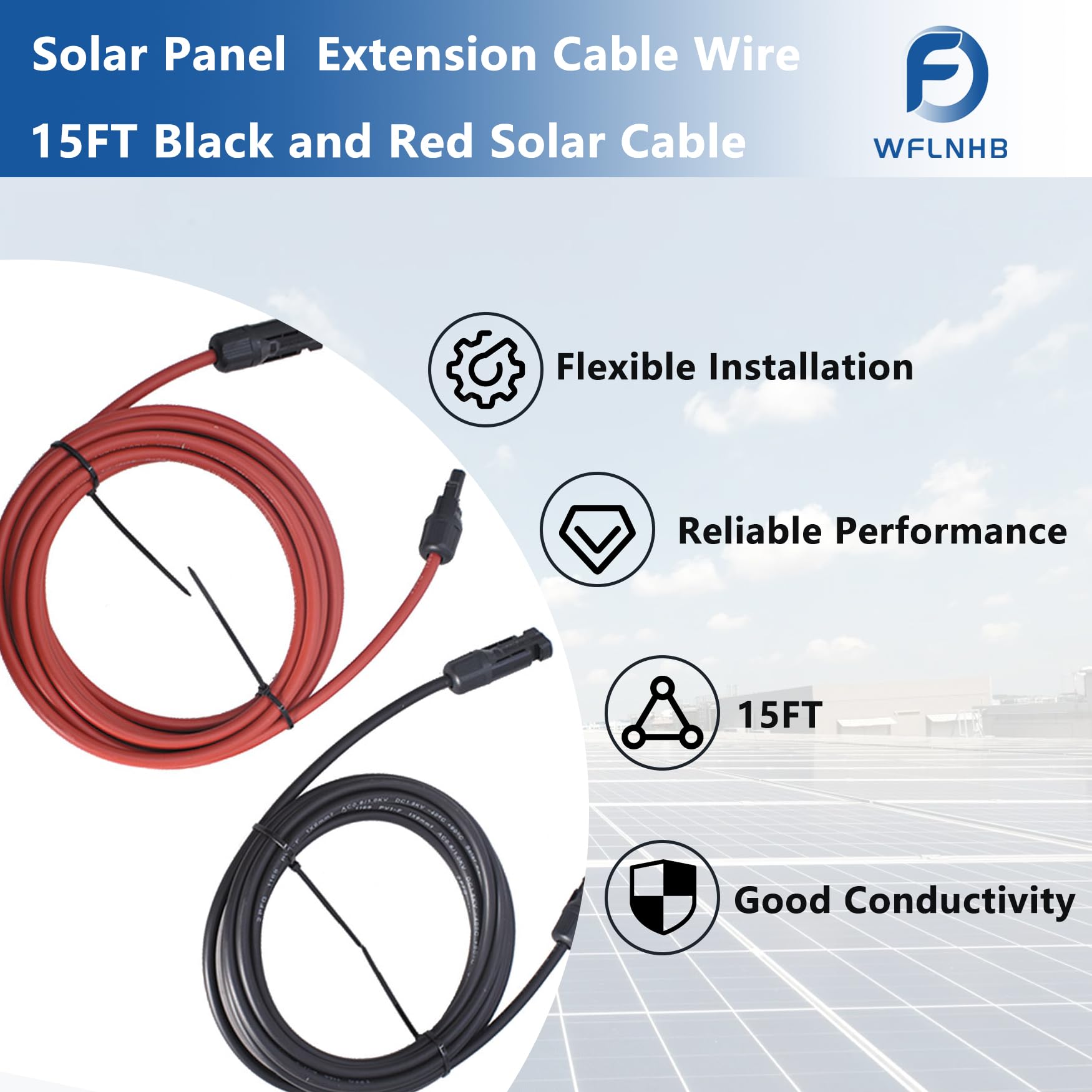 WFLNHB Cable de extensión de panel solar de calibre 10 de 15 pies, 10 AWG negro + rojo con conector hembra y macho conector solar