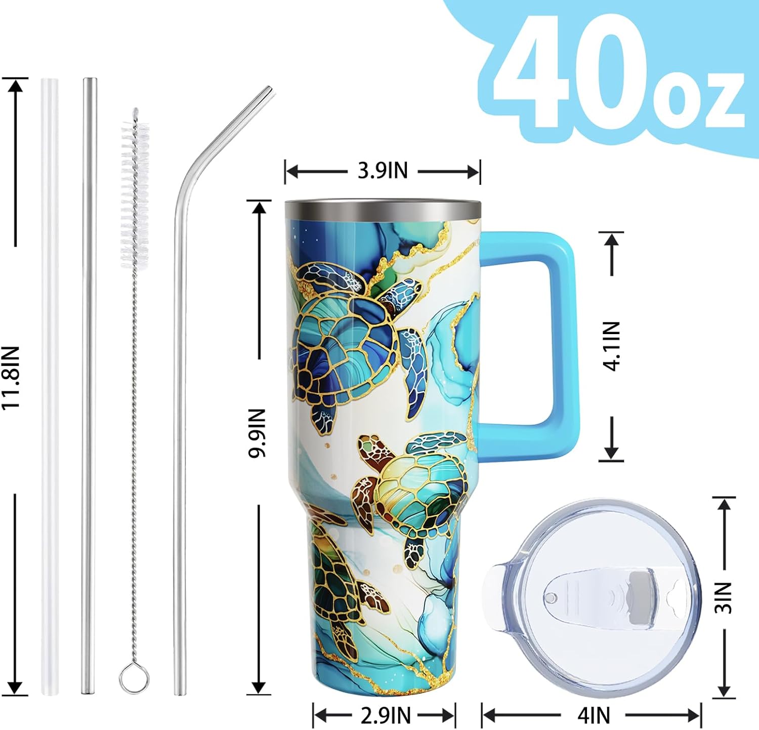 40 Oz Sea Turtle Tumbler with Handle and Lid Straw, Blue Marble Stainless Steel Travel Cups, Turtle Lover Gifts for Women Men (1PC) - Image 2