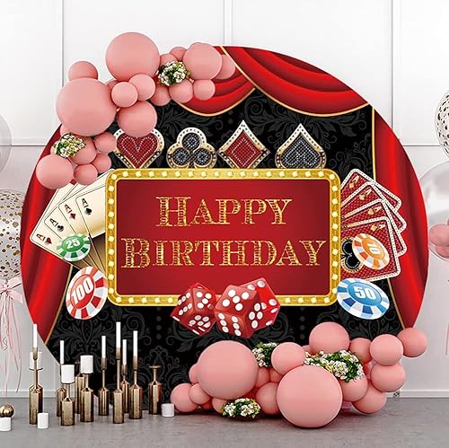 Miniatura 2 de Leowefowa Telón de fondo redondo de poliéster para cumpleaños de casino, 7.5 x 7.5 pies, cortina roja, póquer nocturno de casino, fondos de