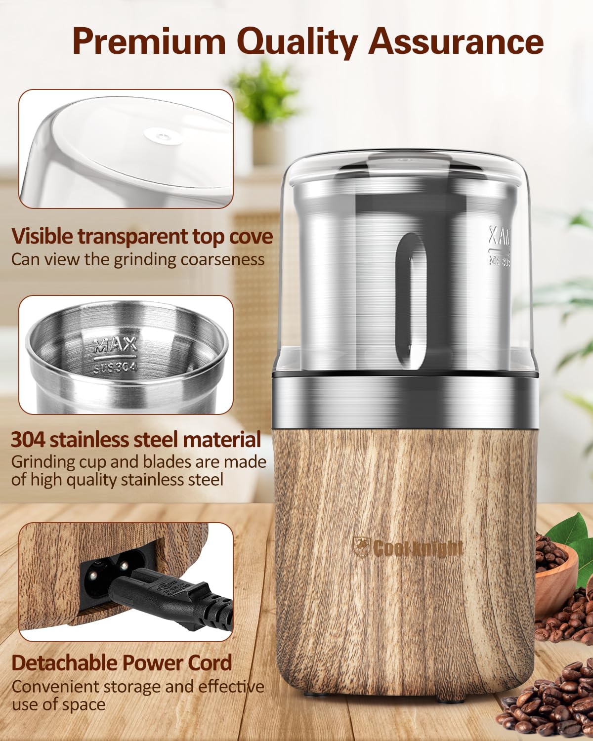 COOL KNIGHT Macina Caffe' Elettrico, Macinacaffè Elettrico Con Cucchiaino Per Caffè E 1 Tazza Di Macinatura In Acciaio Inossidabile. Capacità Di 100g, Adatto Per Spezie, Chicchi Di Caffè, Noci, Ecc.