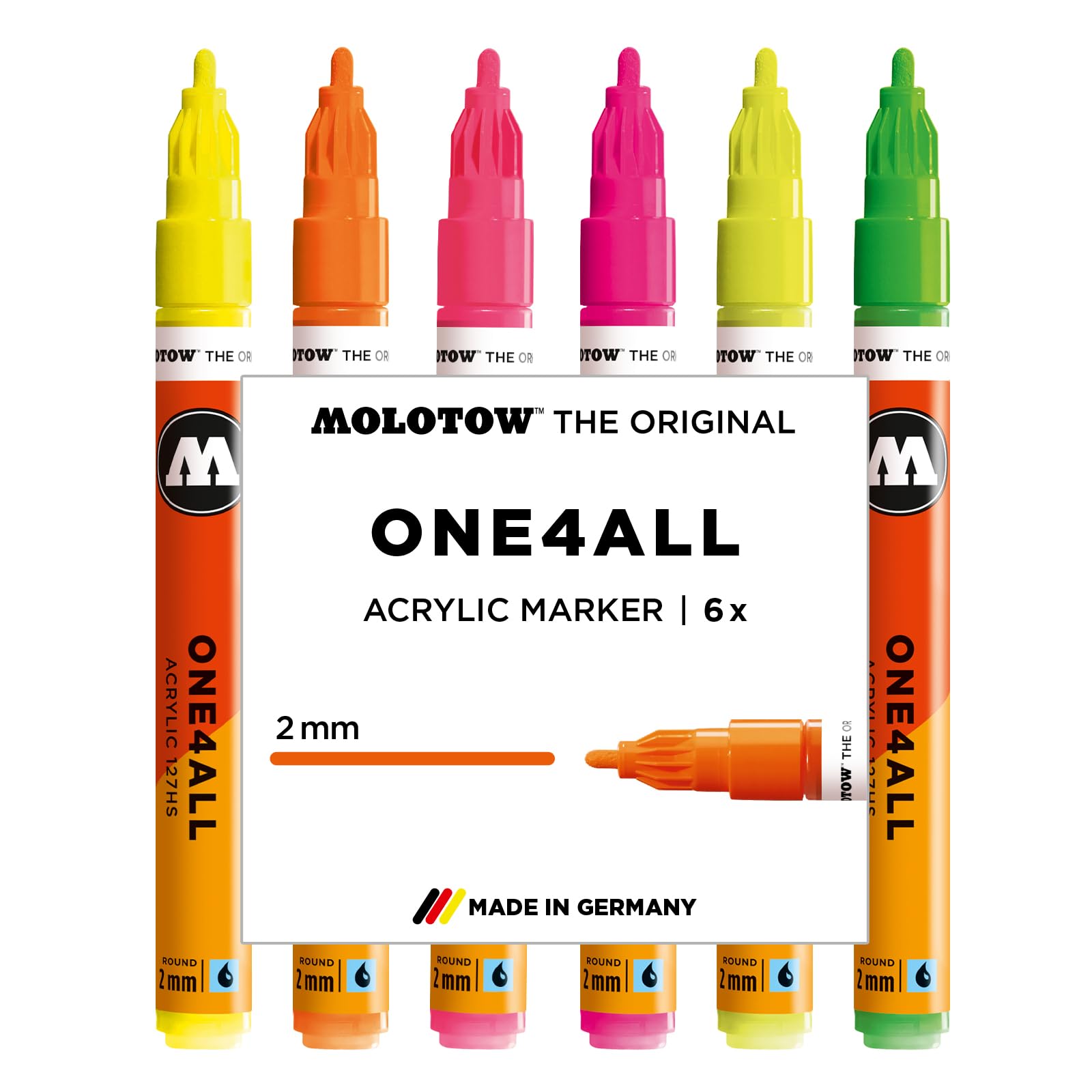 Molotow One4All Acrylic Markers - Set of 6, Neon Colors, 2 mm