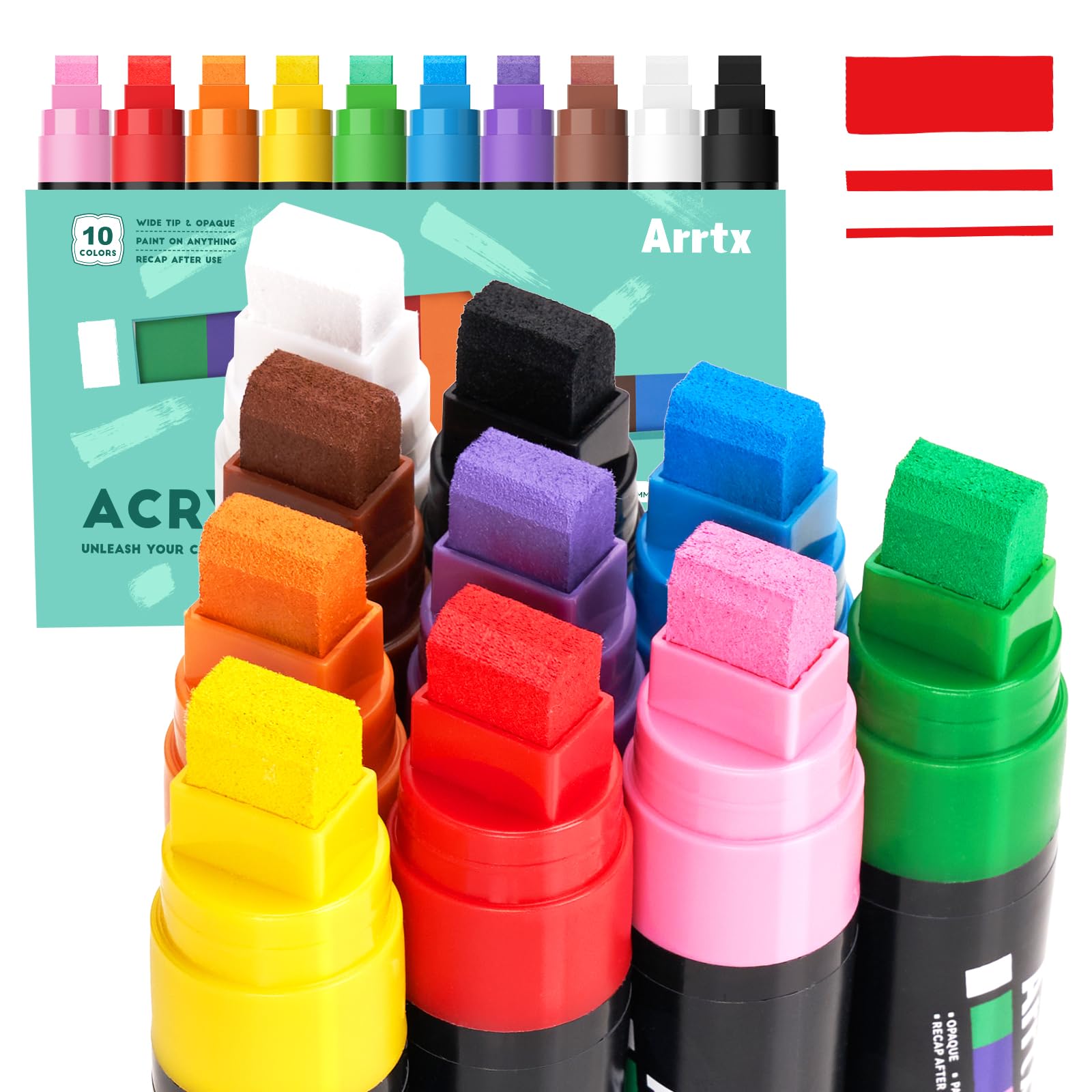 Arrtx 10 Colours Acrylic Markers, 15 mm Broad Tip, Poster Jumbo Acrylic Markers for Rock Painting, Plastic, Metal, Chalkboards, Glass and Outdoor Painting