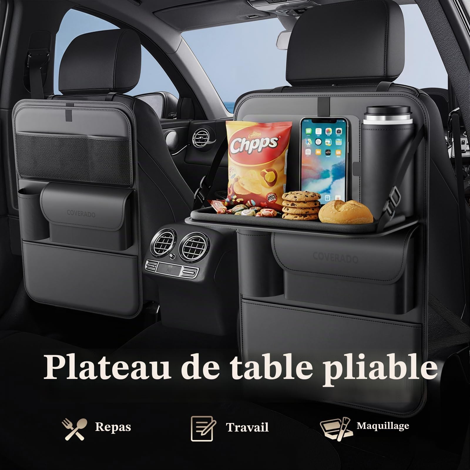 Coverado Organiseurs pour voiture, Napa cuir Protection de Dossier de Voiture Enfants avec support plat/plateau alimentaire pliable/protecteur de coussin de pied/Multi - sac/support de sac-poubelle