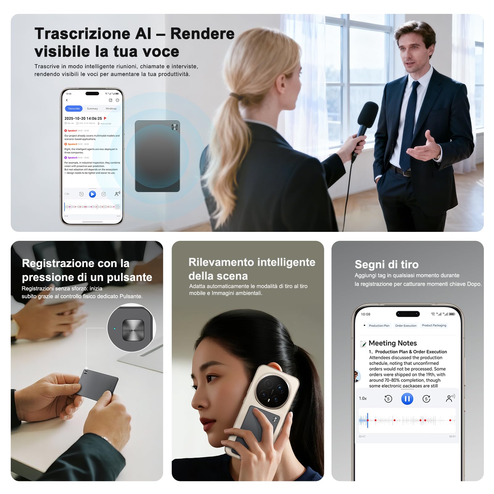HONOR CHOICE AI Note Registratore Vocale, 600 Min/Mese di Trascrizione Gratuita, Dictafone Digitale con Riepiloghi IA e Mappe Mentali, 130+ Lingue, Sottile Scheda Magnetica, per Riunioni e Chiamate