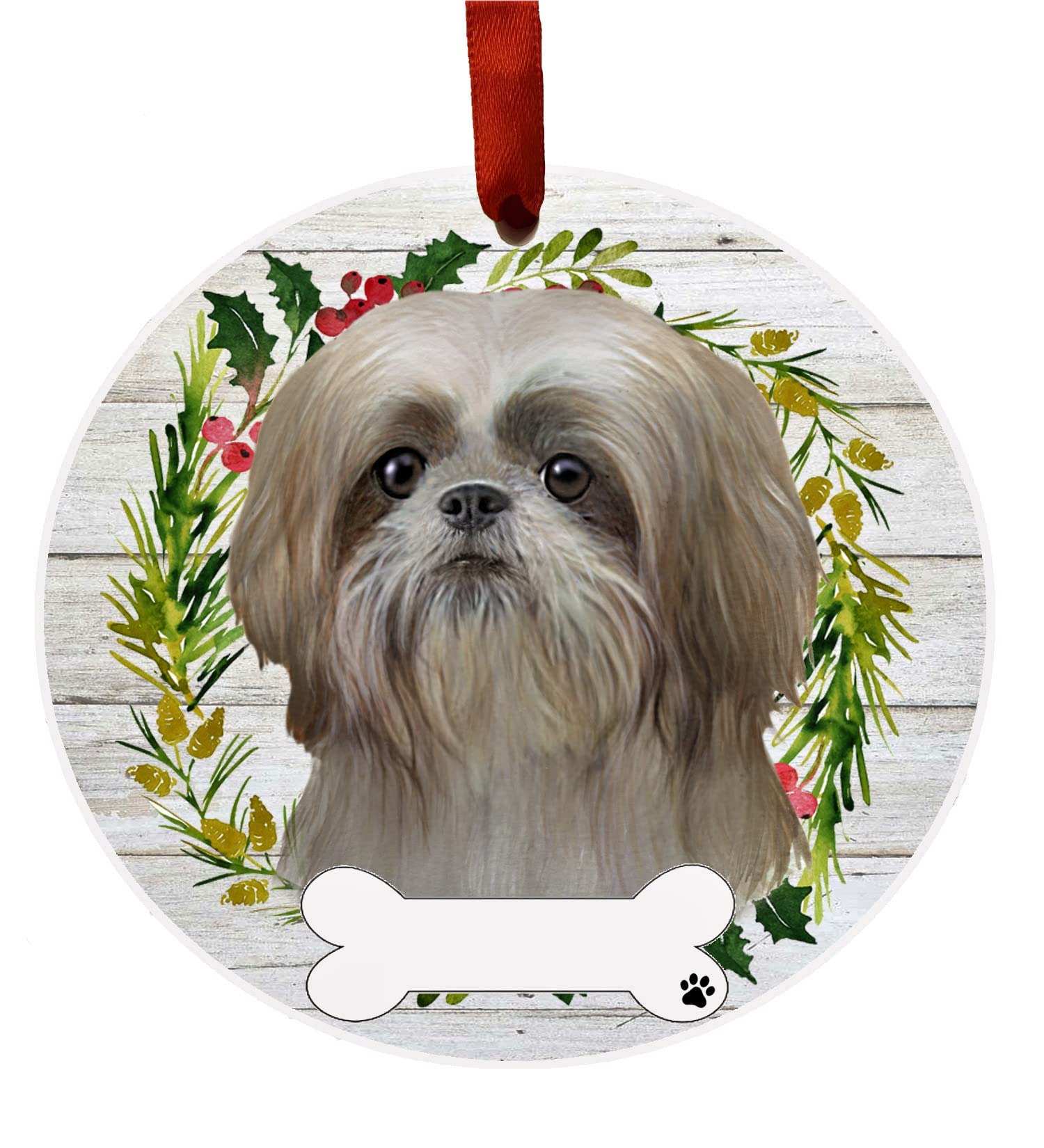 Tan Shih Tzu Ornament - E&S Pets - DIY Personalizable - Dog Gifts - Ceramic Round Ornament with Glazed Finish - X-mas Decoration - Christmas Ornaments Craft Gifts - Ornaments for Pet Lovers