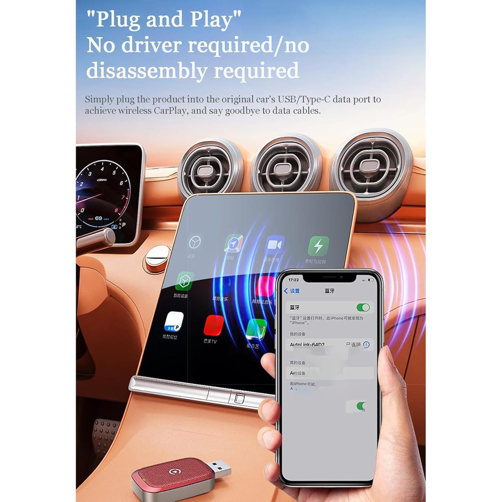 Dla Volvo Xc90 S60 S80 V40 V50 V70, bezprzewodowy adapter Carplay Upgrade, Plug-And-Play Mini Carplay & Auto Ota-Dongle, akcesoria samochodowe.,B/srebrny