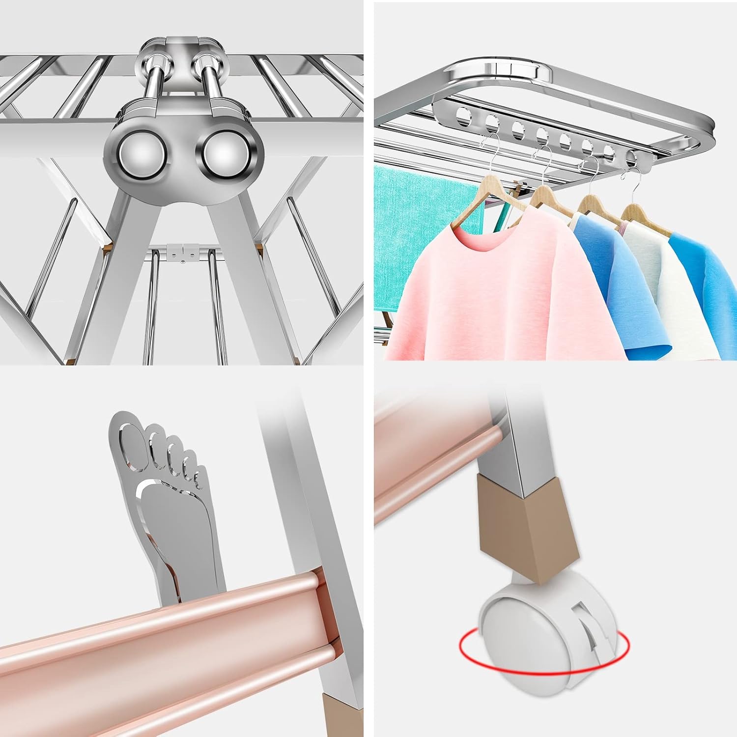 Foldable Portable Clothes Horse Airer - Stainless Steel Drying Rack with 4 Castors for Socks, Towels, Face Masks & Clothes - Space-Saving Solution for Efficient Drying