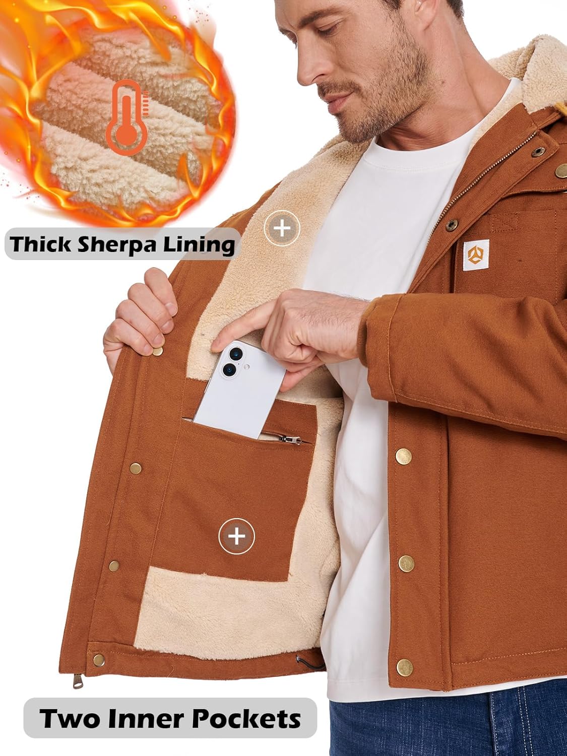 NAVEKULL Men's Winter Water Resistant Work Jacket Loose Fit Sherpa Lined Insulated Canvas Hooded Coat