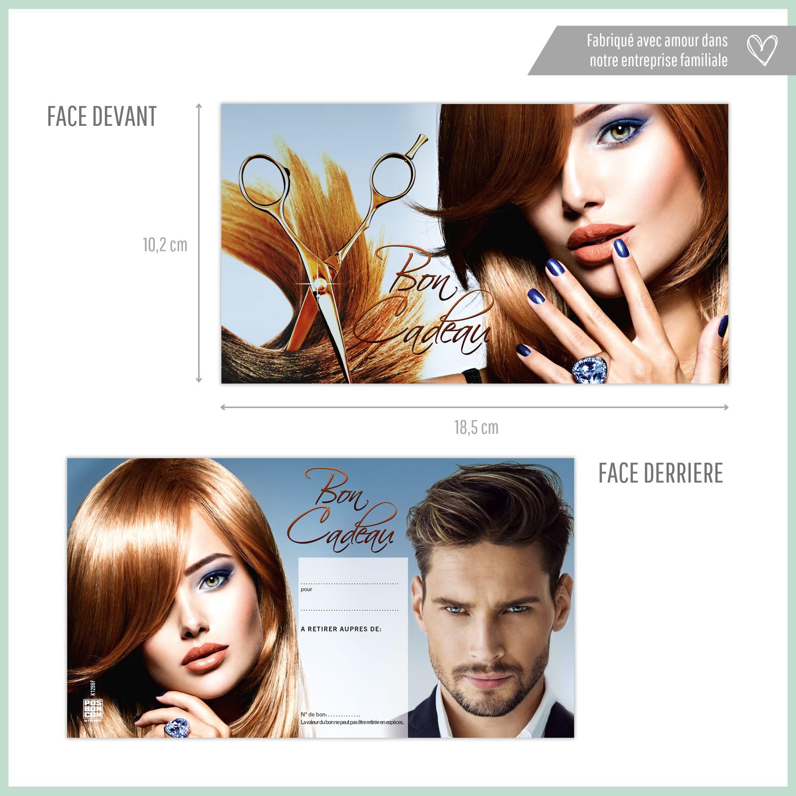 POS BON - 100 bons cadeaux à remplir avec enveloppe/nœud ruban - formulaires imprimés pour des salons de coiffure K1298F2-100-V1