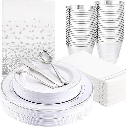 Miniatura 1 de Gather 176 platos de plata  Platos desechables de plástico plateado incluye 50 platos, 75 cubiertos, 25 servilletas, 25 vasos con borde plateado y 1
