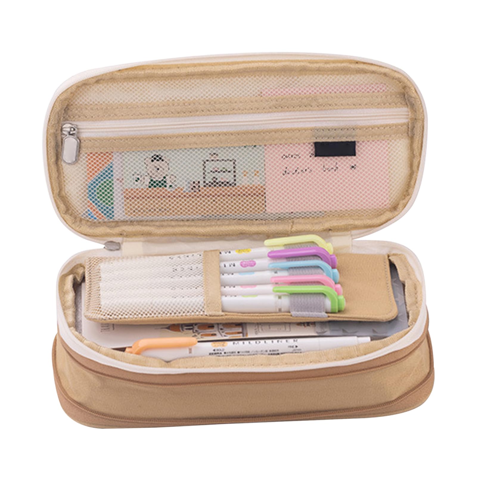 Pissente Large Capacity Pencil Case Canvas Zipper Pencil Case Dual Layer 8.66 X 4.33 X 2.76 in with Mesh Pocket Multilayer Storage for School Students Office Desk Use (Khaki)