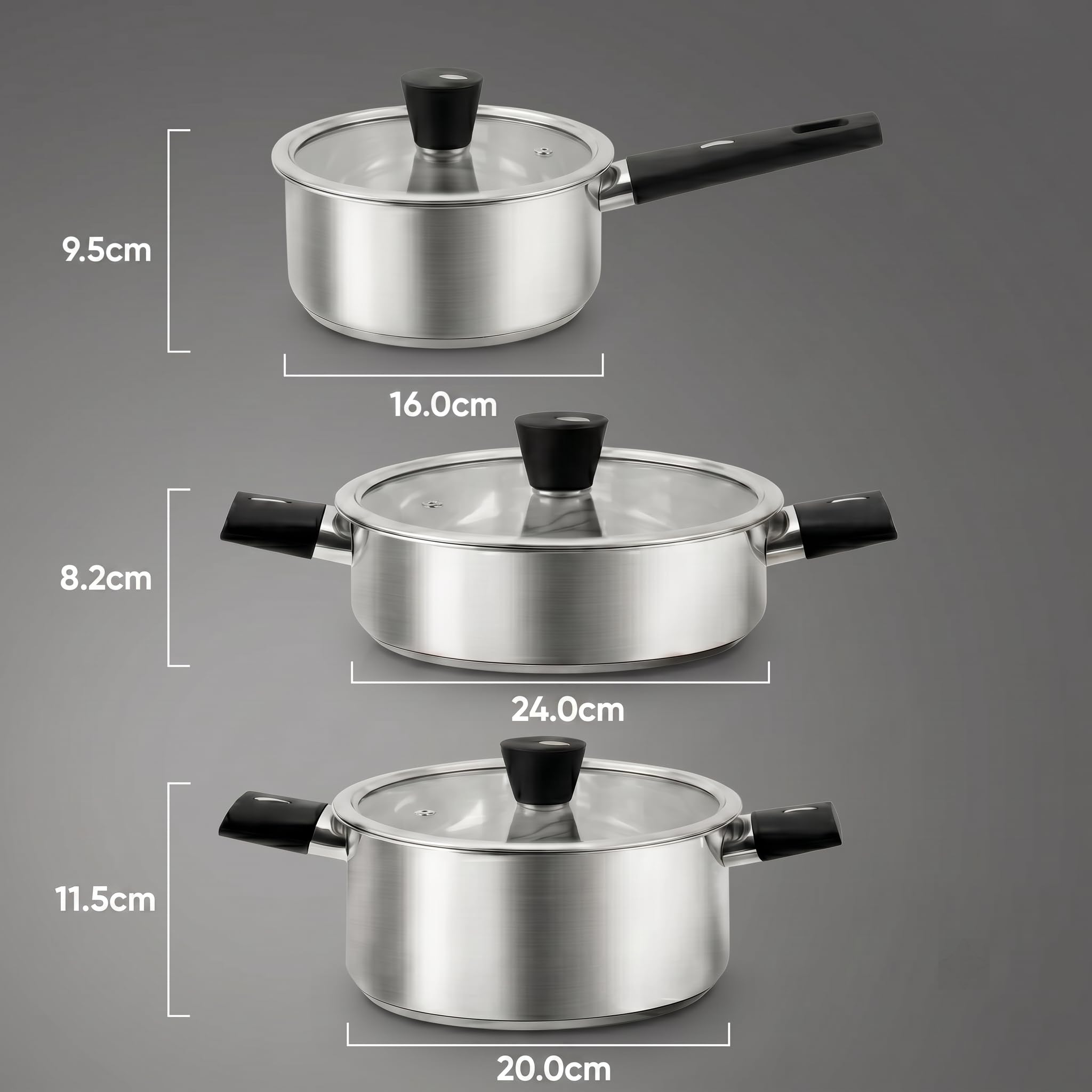 Edelstahl Topfset 6-teilig, Kochtopf Set mit Glasdeckel, Induktion geeignet, Edelstahl Töpfe Set ohne Beschichtung, spülmaschinengeeignet, für Gas-, Elektro- und Cerankochfelder