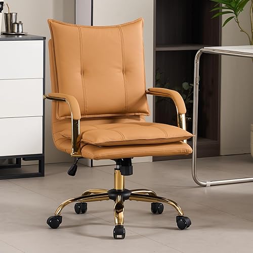 Silla de oficina ergonómica de cuero con respaldo medio, moderna silla ejecutiva tapizada, diseño giratorio ajustable con patas y reposabrazos