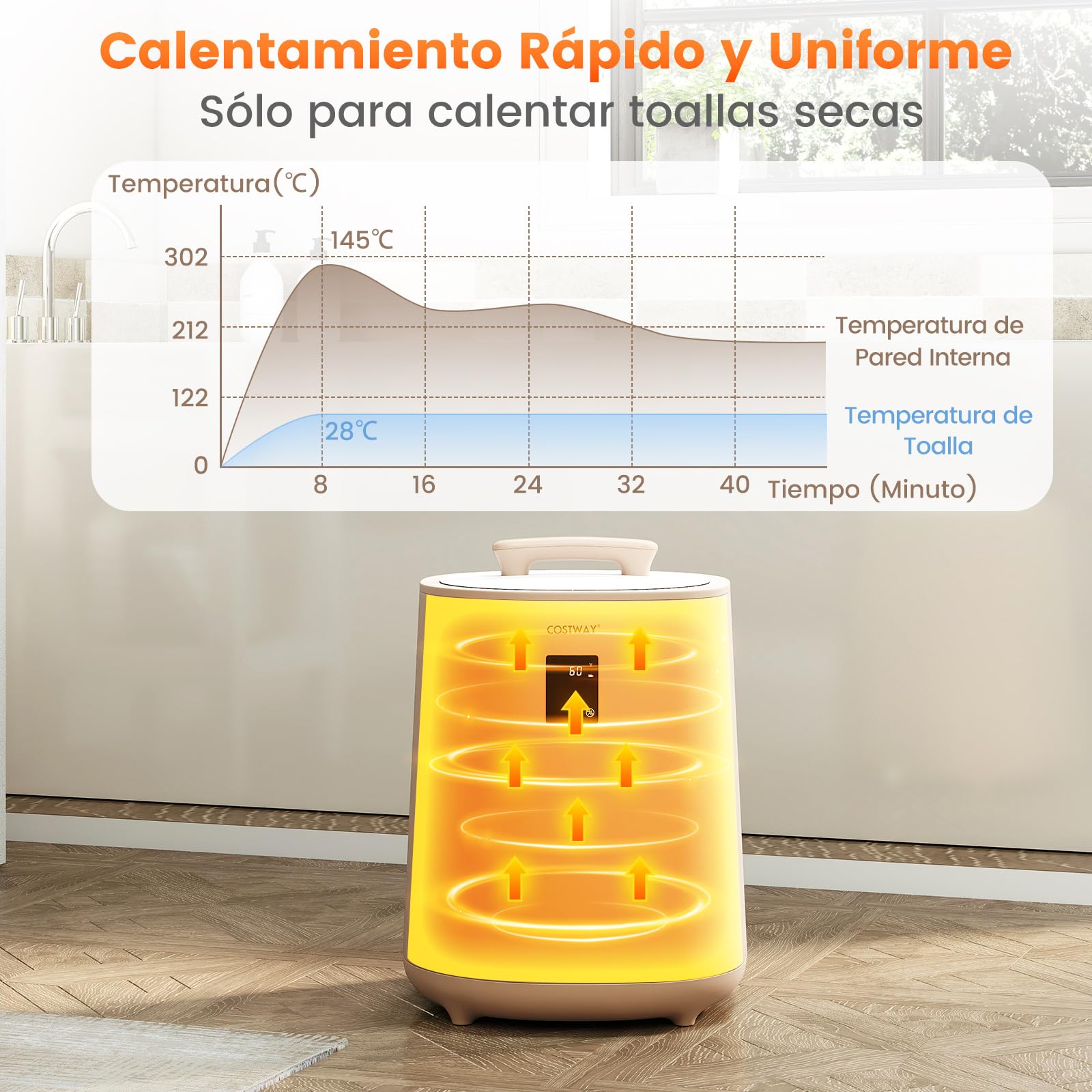 COSTWAY Calentador de Toallas para Baño, Calentador de Mantas Grande de 18 L con Pantalla LED y Apagado Automático, Cubo Portátil para Toallas Calientes, Batas, Mantas (café)