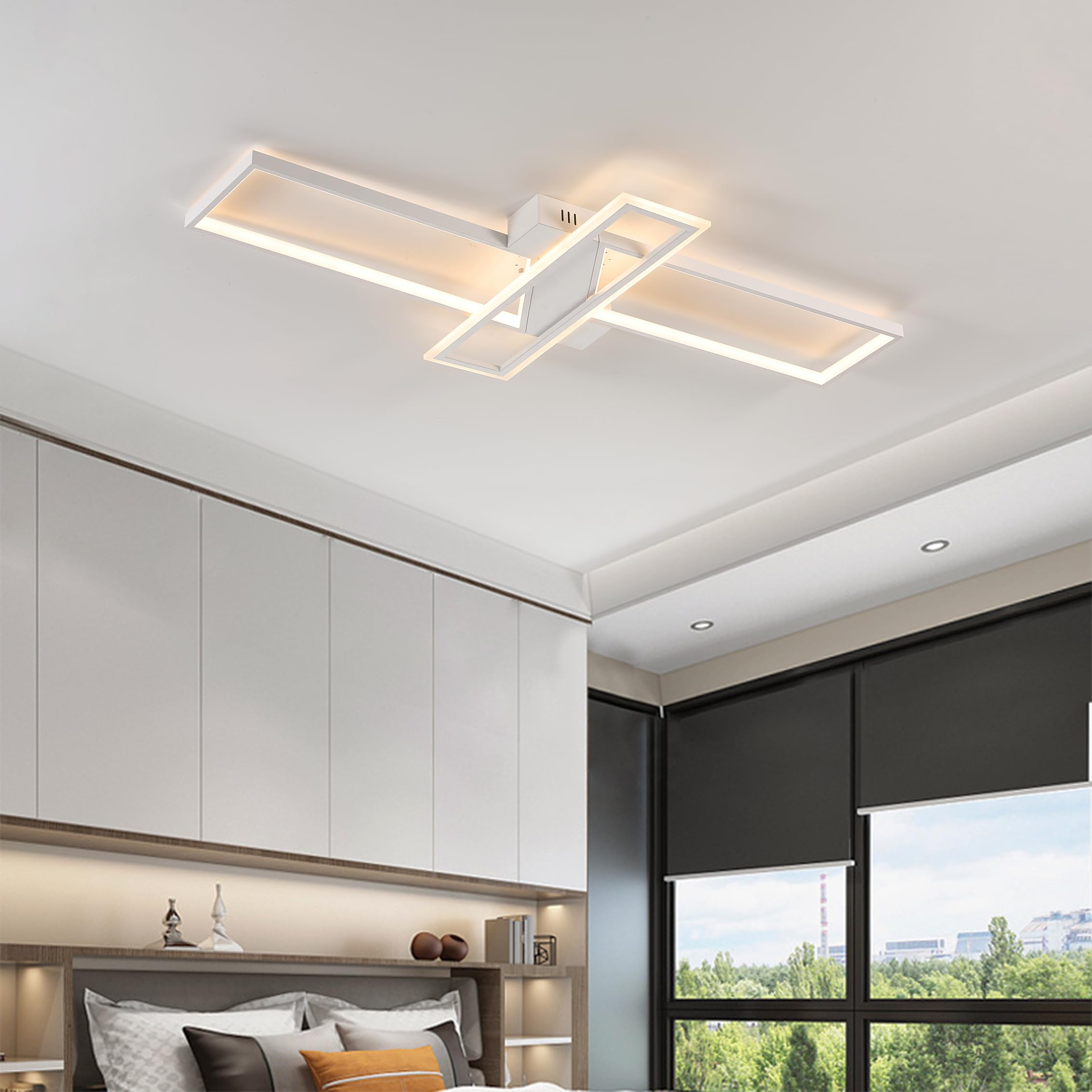 LED Deckenleuchte Dimmbar Wohnzimmer Deckenlampe mit Fernbedienung APP, 3000K-6000K, 74W Weiß Wohnzimmerlampe Schlafzimmer Lampe Rechtecke Modern Deckenbeleuchtung Nachtlicht und Timerfunktion