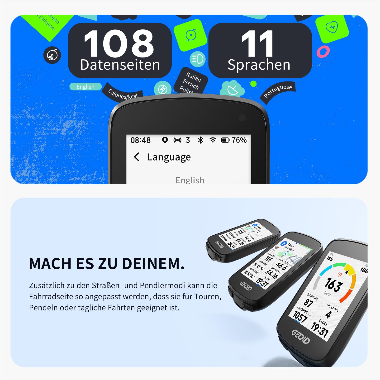 GEOID CC700 Pro GPS Fahrradcomputer mit 2,8 Zoll Touchscreen Farbbildschirm – Kabelloser Fahrradtacho mit Karten-Navigation, ANT+ & Bluetooth, IPX7 wasserdicht, 15-25 Std. Akkulaufzeit