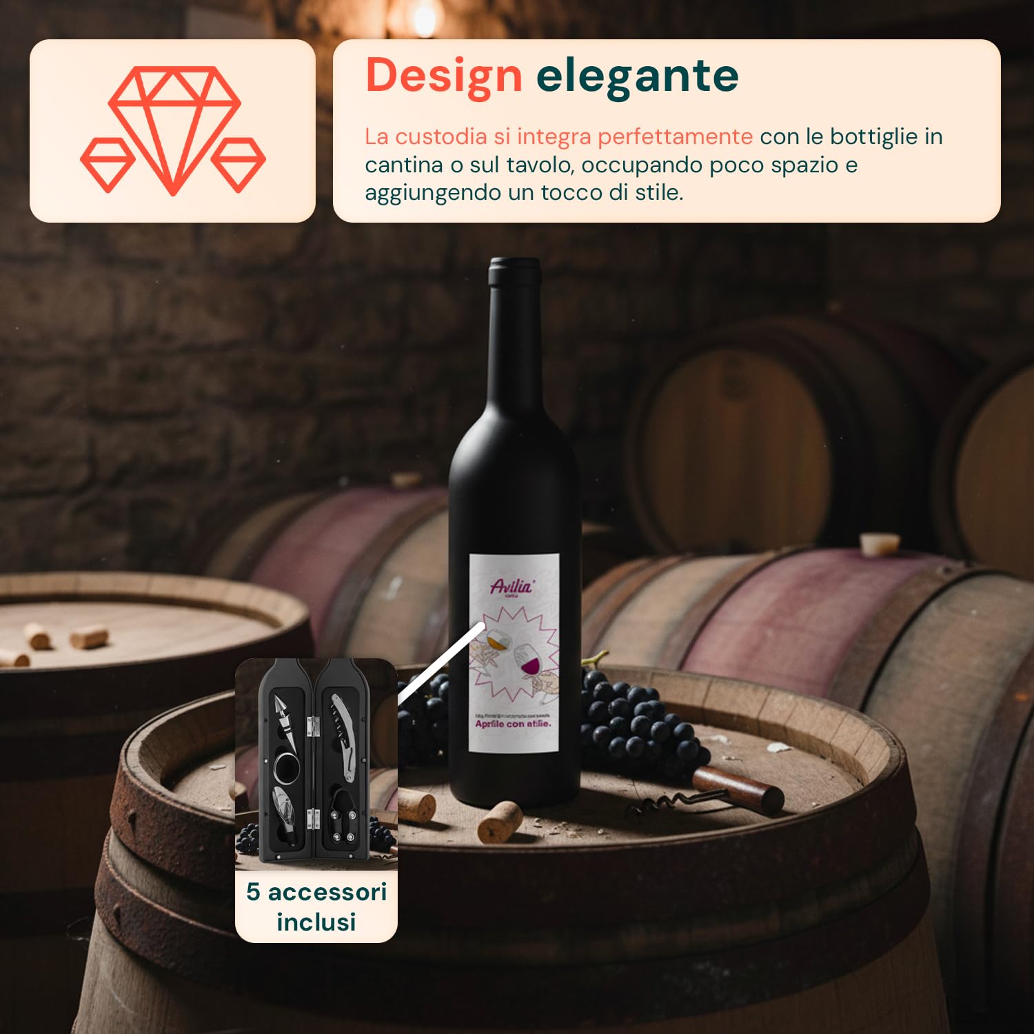Avilia Set Accessori Vino 5 Pezzi Acciaio Inox 304 – Cavatappi Ergonomico Versatore Tappo Salvafreschezza Anello Antigoccia | Astuccio Bottiglia | Idea Regalo Vino Uomo Sommelier