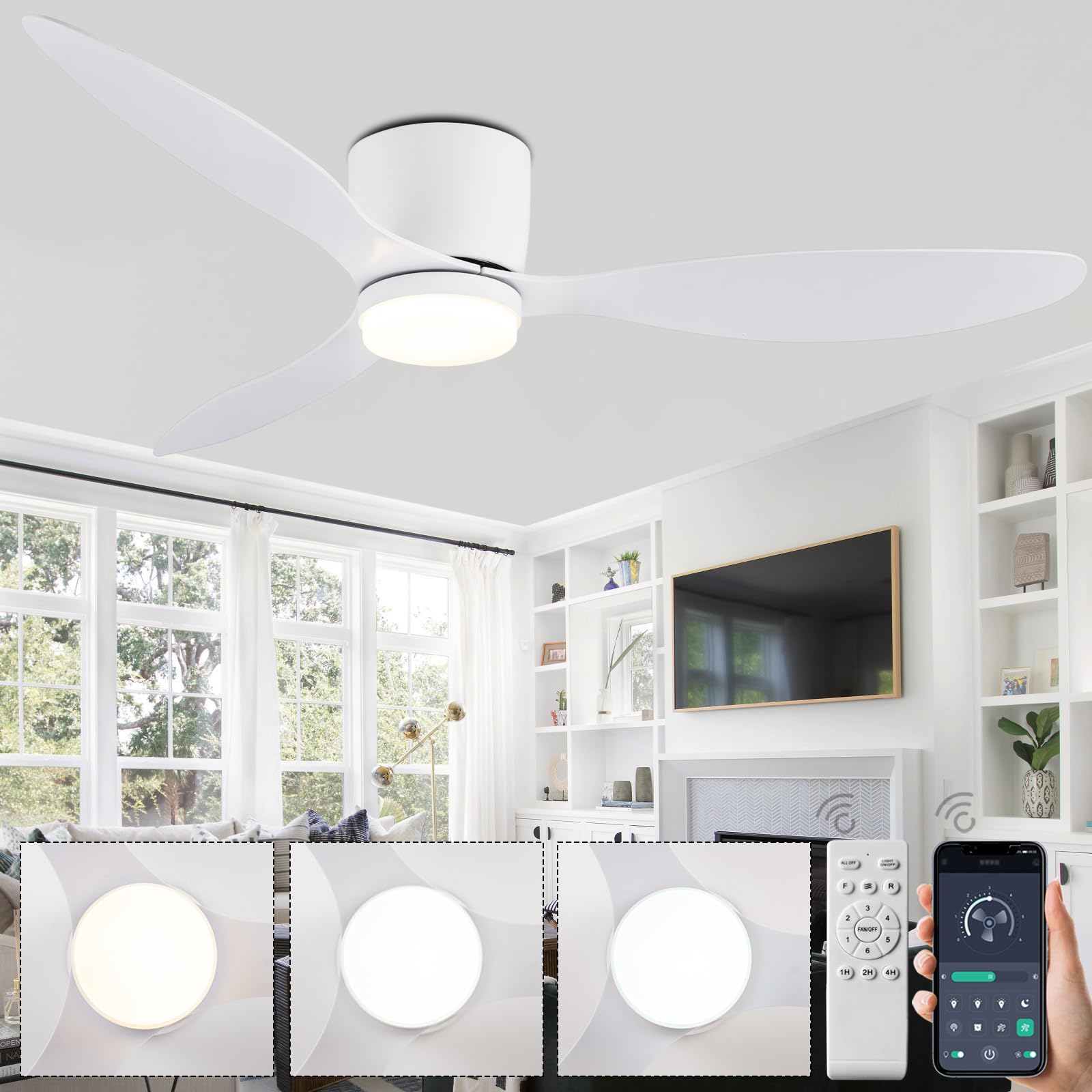 SXDMOUBK Modern White Ceiling Fan with Lights & Remote 6 Speed Silent Indoor Ceiling Fan 3 CCT Selectable Reversible DC Motor 3 Blade Design for Living Room & Lounge