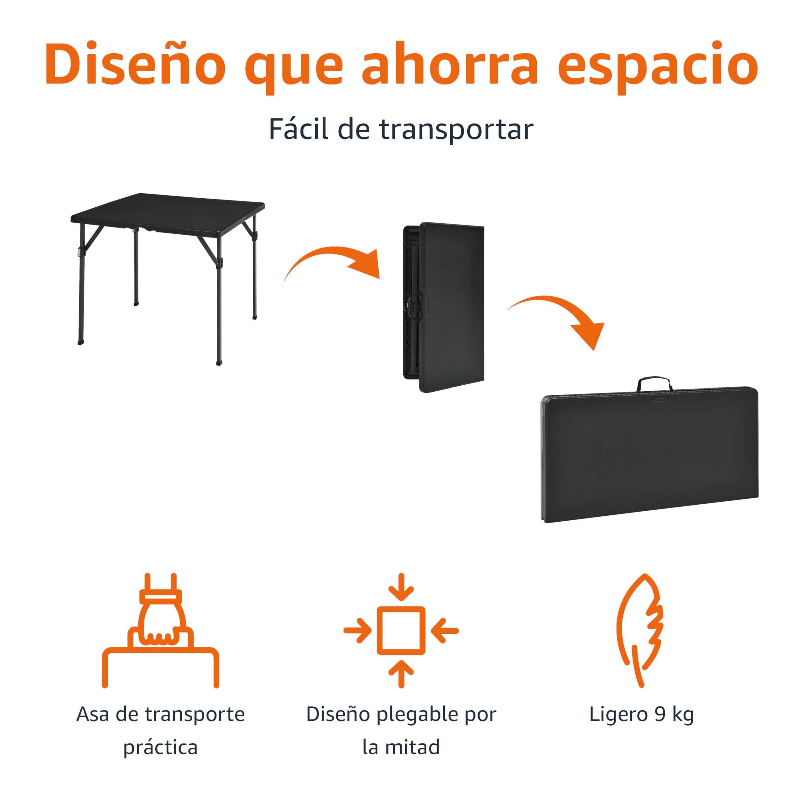 Amazon Basics Mesa de comedor plegable cuadrada con asa de transporte, para interiores y exteriores, portátil, ligera, viaje, picnic, camping, negro, 86.1 x 86.1 x 74 cm
