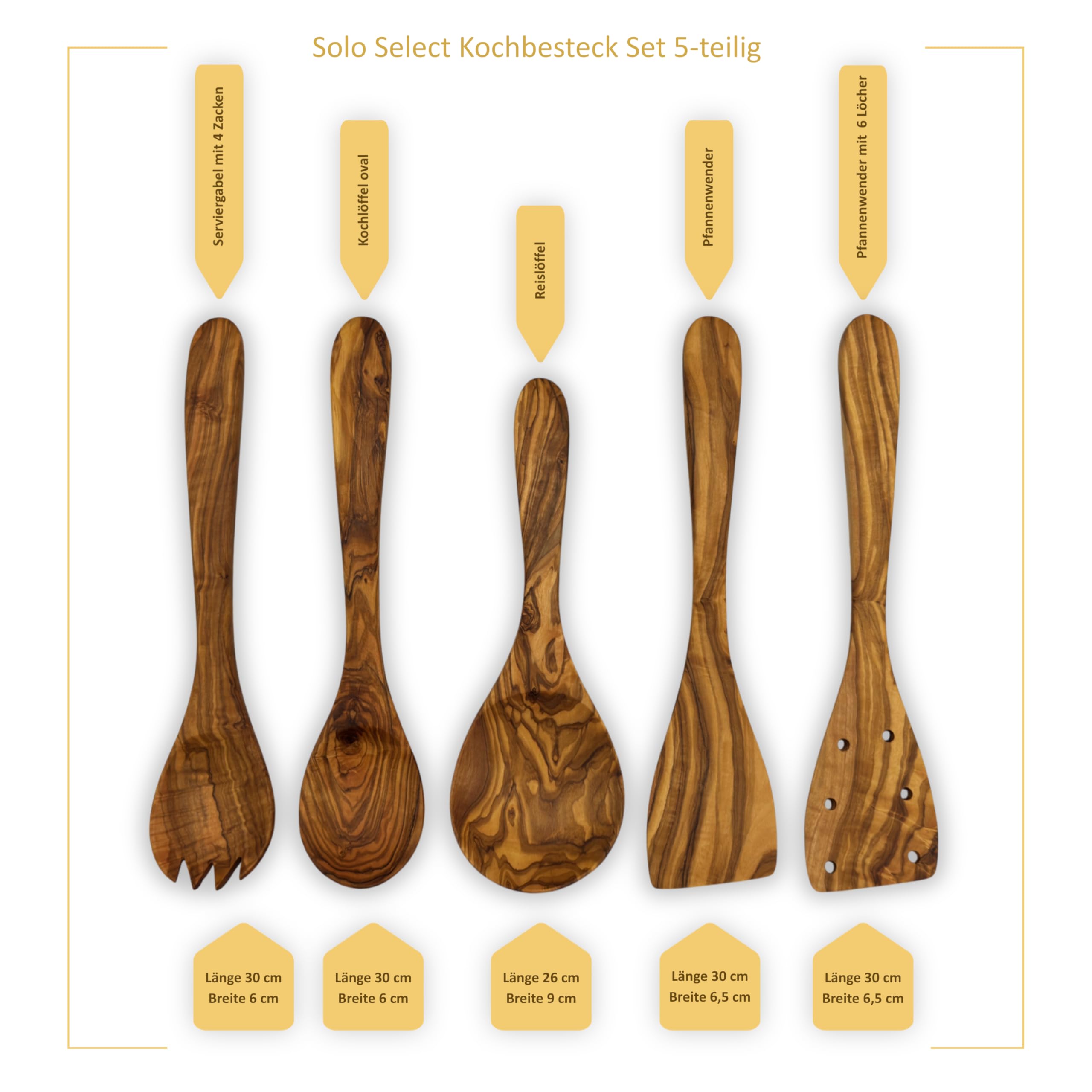 Kochbesteck Set „Solo Select“ Olivenholz 5-teilig – Flexible Küchenhelfer Holz – natürlich, robust, pfannenschonend & langlebig