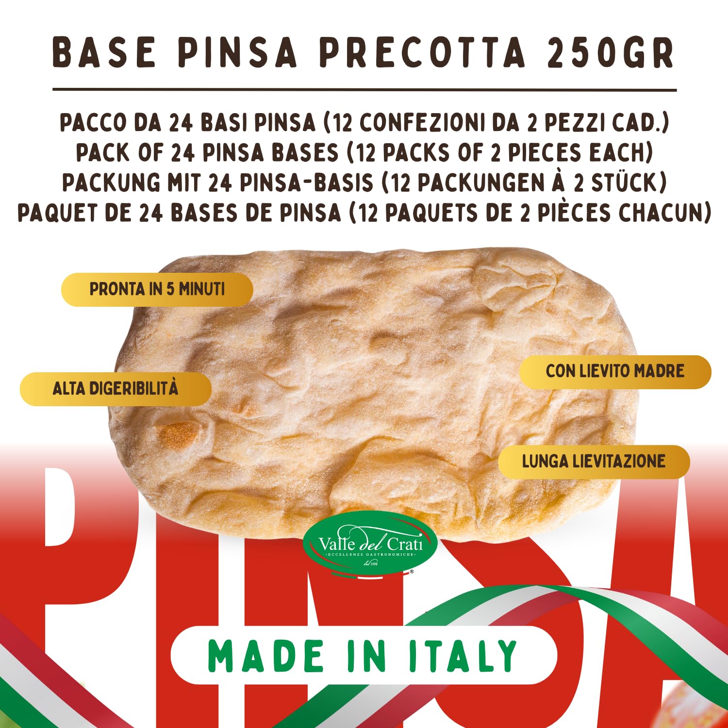 Valle del Crati 24 bases Pinsa italiennes | Pinsa prête en 5 minutes, Levain long, produit en Calabre, bases Pinsa de 250 grammes chacune