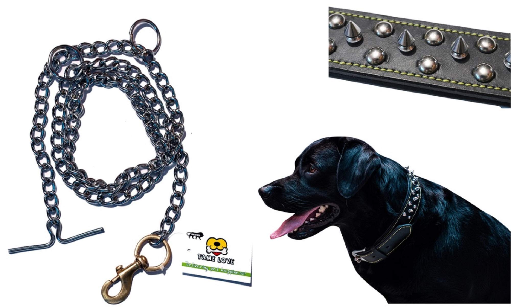 Tame Love™Combo of Dog Collars Genuine Leather Spike Studded Adjustable, Padded Neck Belt and Dog Leash Length 152cm with Brass Hook for All Breeds Dog (45+ kg) (B08KSG355C) Amazon Price History, Amazon Price Tracker