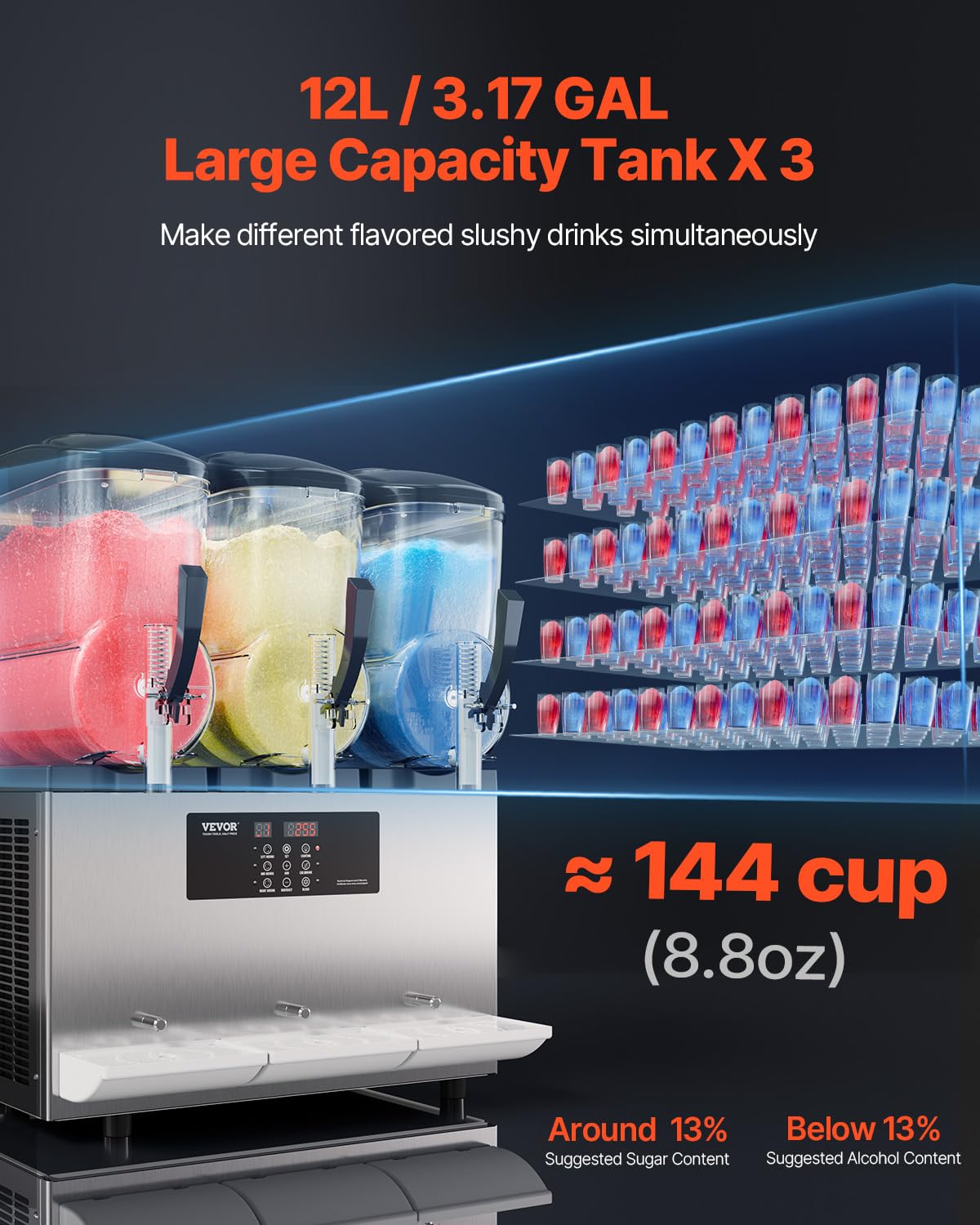 VEVOR Máquina de Granizados Comercial con 3 Tanques de 12 L x 3 Máquina para Bebidas Congeladas de Acero Inoxidable 144 Tazas Máquina para Hacer Granizados para Fiestas en Hogar, Restaurantes, Bares