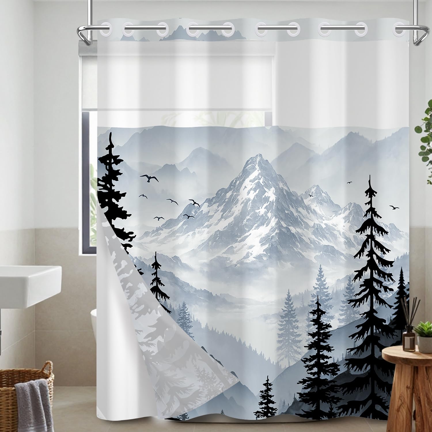 Forest Hookless Shower Curtain with Snap in Liner, Double Layer with Sheer Top Window, Foggy Nature Pine Tree Mountain Woodland, Waterproof Fabric for Farmhouse Bathroom Decor, 71" x 74"