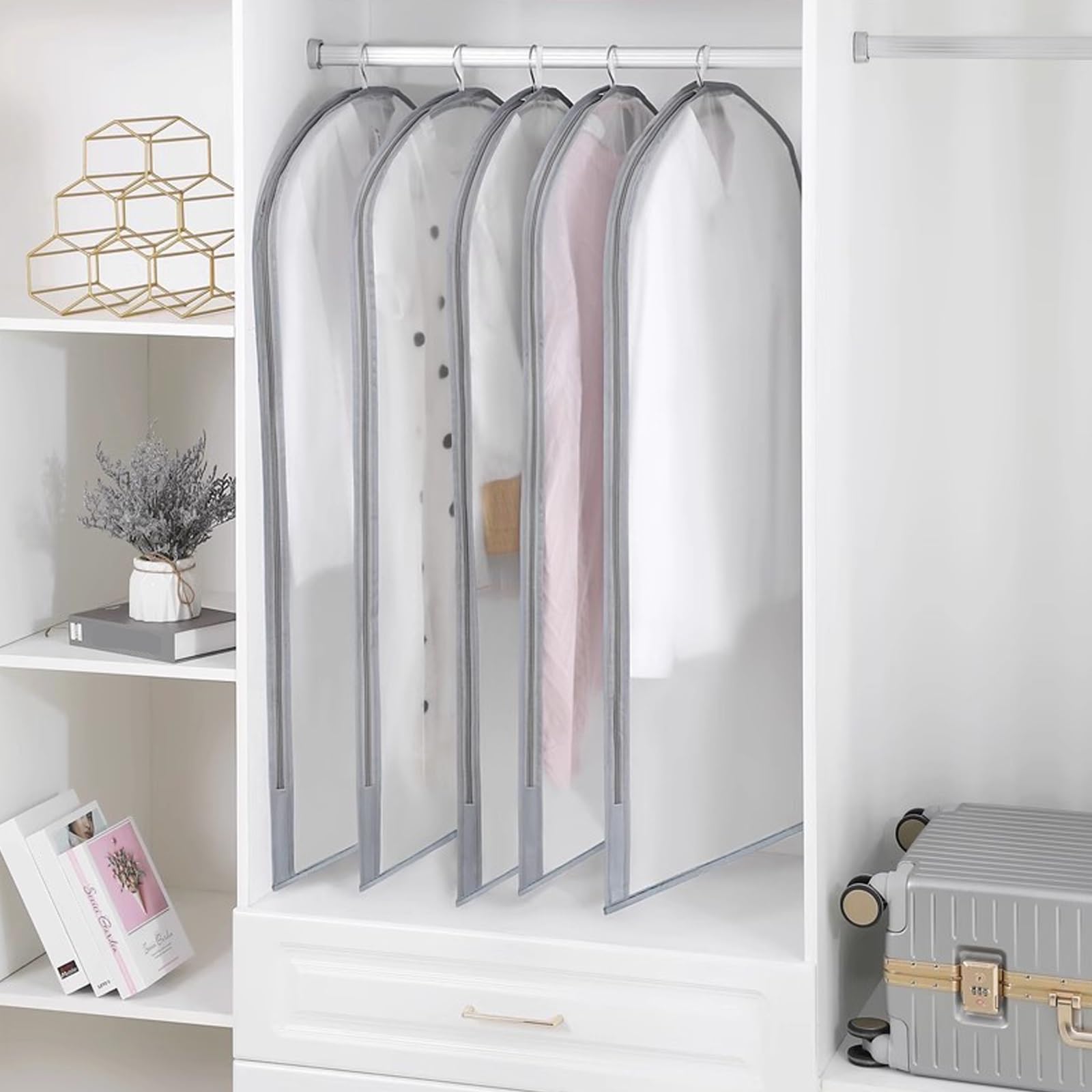 Custodie Antipolvere Trasparenti for Abiti 5 Pezzi, Lungo Cerniera Borse Protector Custodia Abiti, Prevenzione degli Insetti Impermeabile Traspirante(Gray,60x130cm/24x51in)