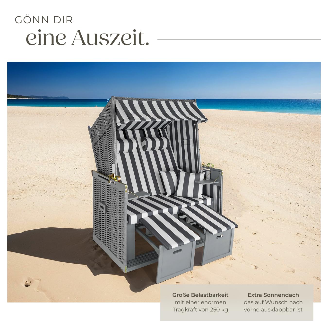 tectake® Strandkorb, Strandkorb Ostsee 2-Sitzer, verstellbare Rückenlehne, Volllieger mit Fußbänkchen und Seitentische, inkl. Schutzhülle & Kissen, Ideal für Balkon, Garten und Terrasse - grau/weiß