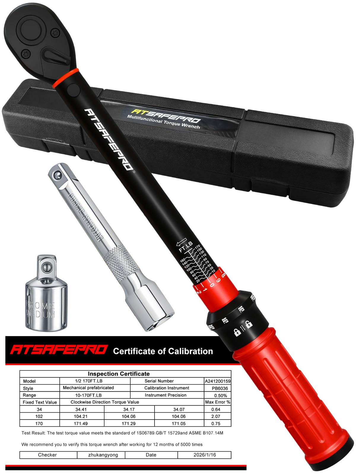 ATsafepro Chiave dinamometrica a scatto da 1/2", 13,60-230,5 Nm, ±3% ad alta precisione, regolabile a 72 denti a doppia direzione, chiave dinamometrica a scatto a 72 denti 1/2 azionamento per moto