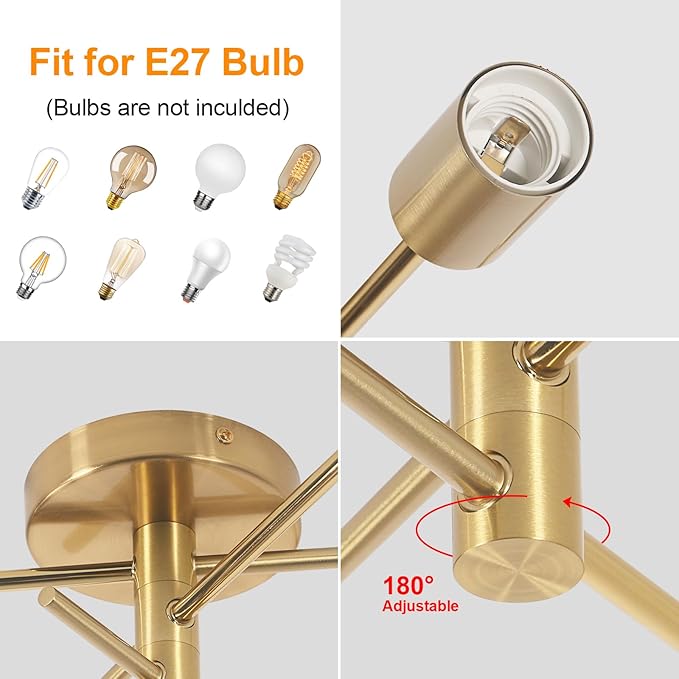 Riserva Riserva E27 Vintage Sputnik Kroonluchter, 3 lampen, industriële plafondlamp met 180 rotatie, goudkleurig, metalen plafondlampen voor woonkamer, keuken, eetkamer, slaapkamer photo 3