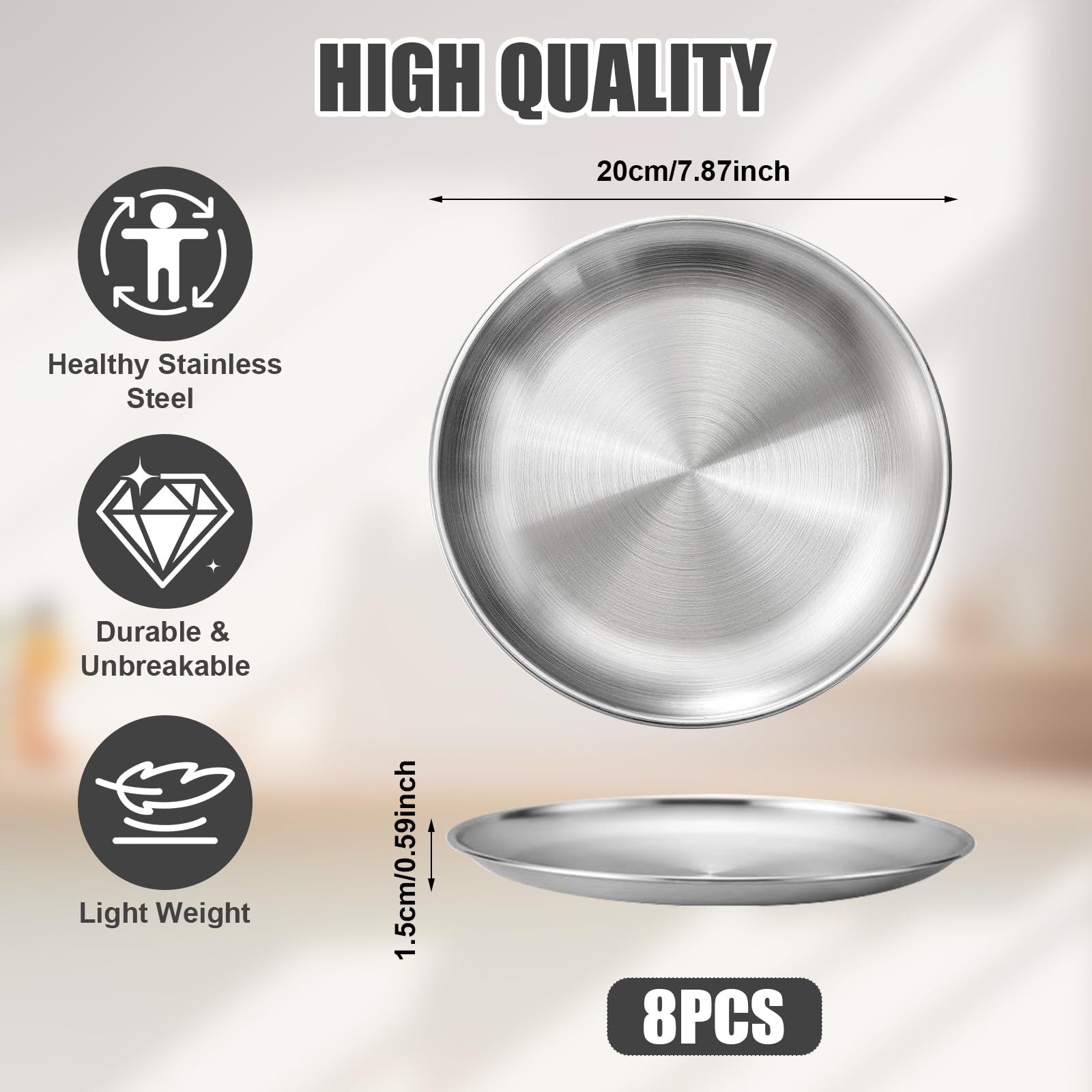 Lot De 8 Assiettes Inox 20 Cm – Plats Ronds De Service En