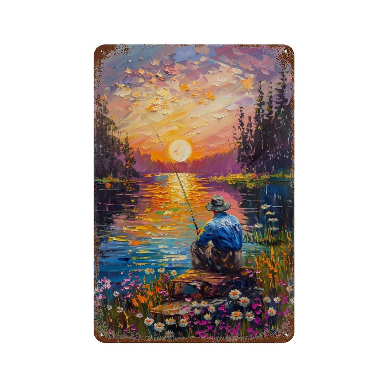 HDURYEYRYY Lakeside Fisherman Sunset Impasto 02 Wall Retro Iron Vintage Art Metal Tin Sign Poster Modern Home Cofffee Club Art Bar Shop Decor 30x20cm