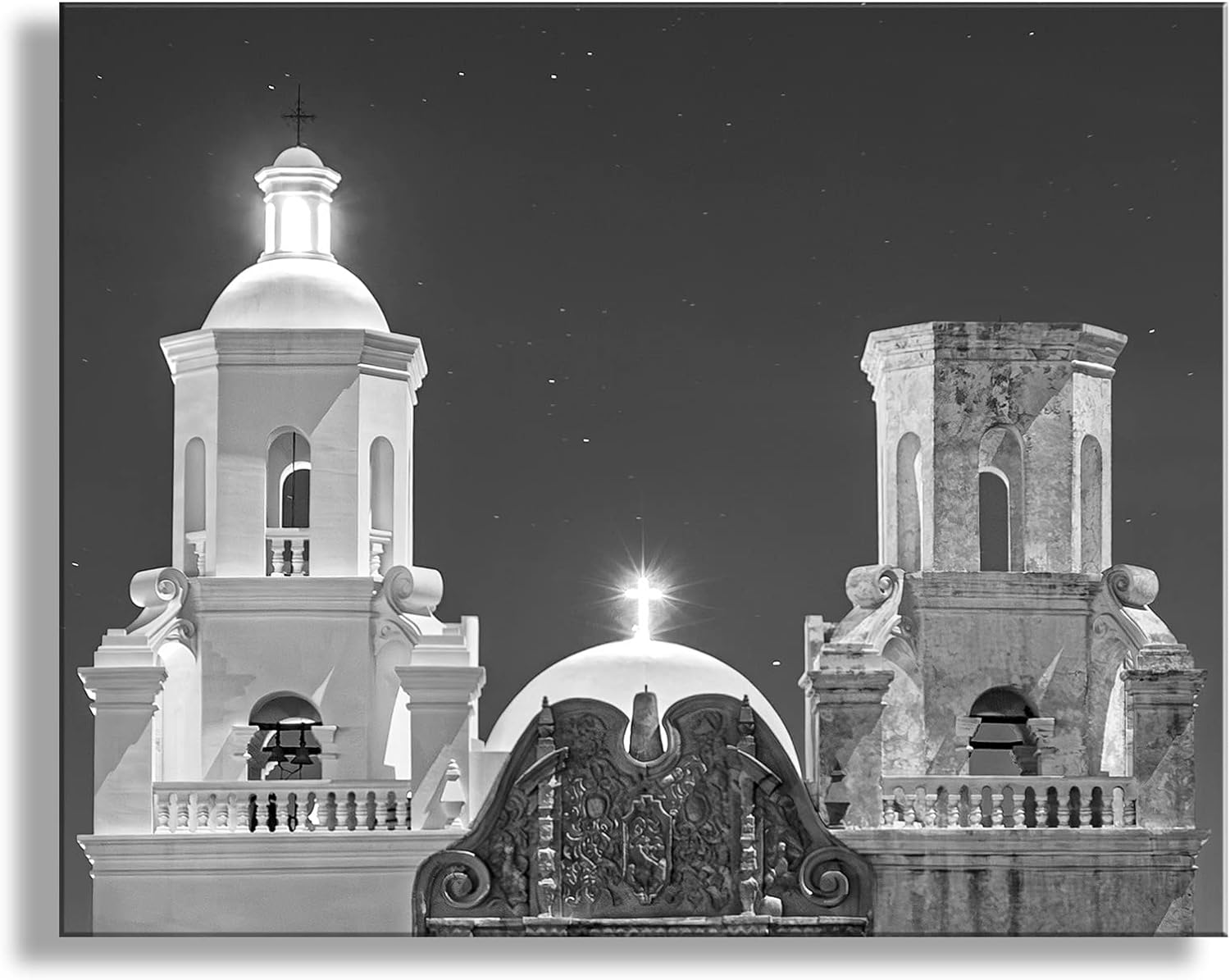 Black and White San Xavier Desert Mission Photograph at Night as Wall Decor for Home or Office
