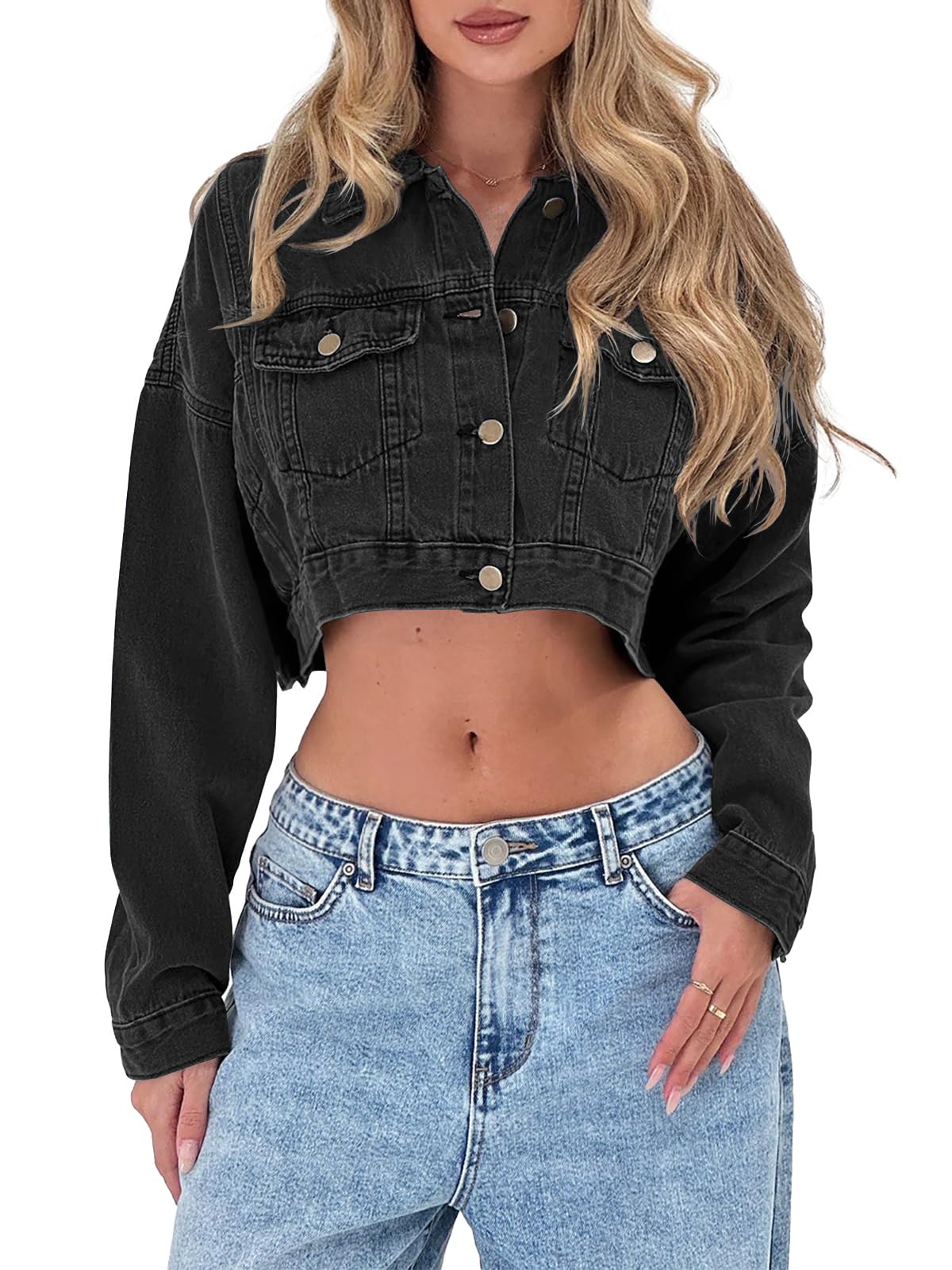 Imily Bela Womens Cropped Denim Jacket Long Sleeve Button Down Washed Jean Jacket Coat with Pockets