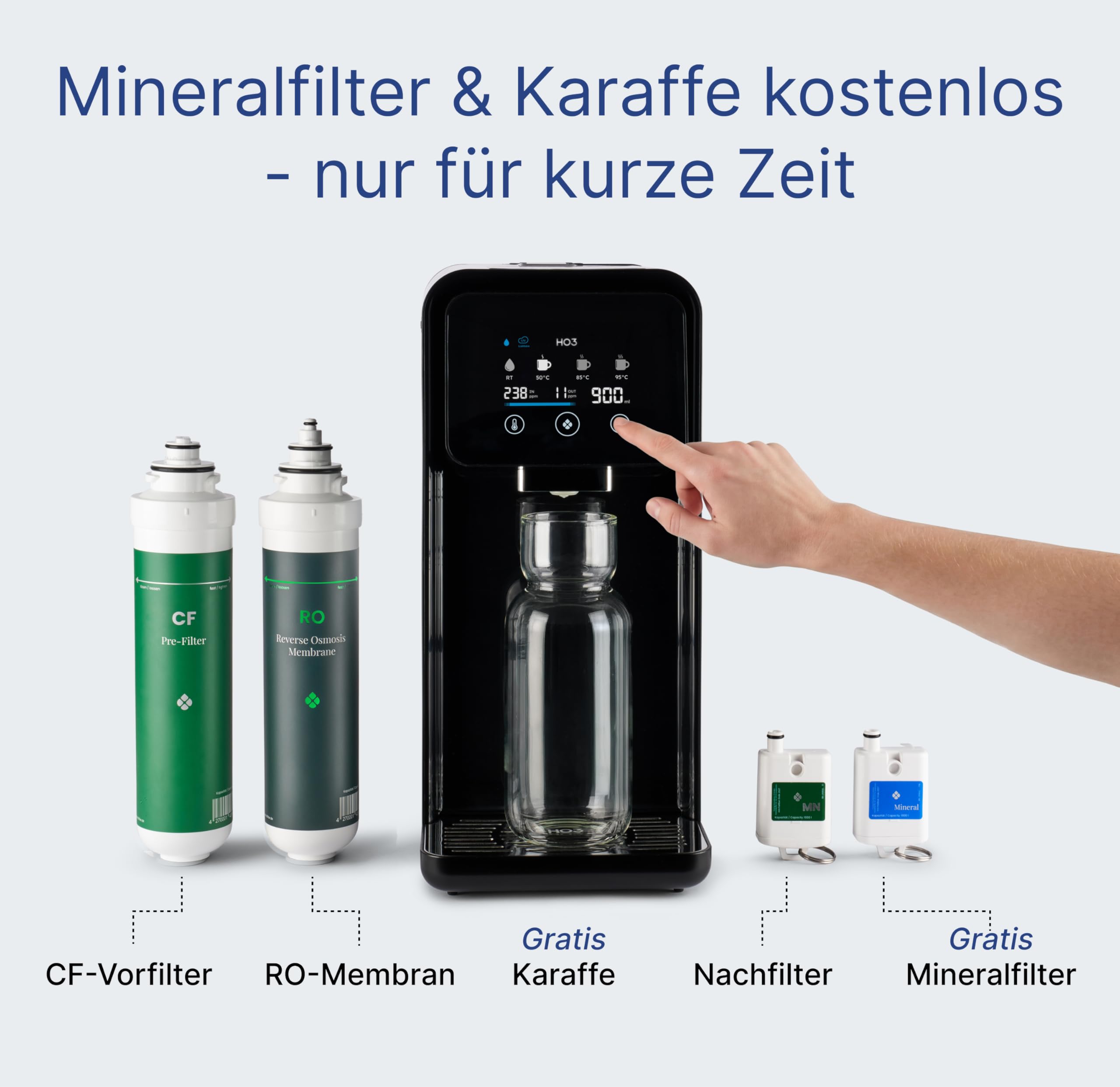 HO3 Home One Auftisch Osmoseanlage für Trinkwasser 4 Temperaturstufen 10 Stufen Wasserausgabe Echtzeit TDS 8 Stufen Filtration Doppel-Luma-UV Wasserfilter Schwarz