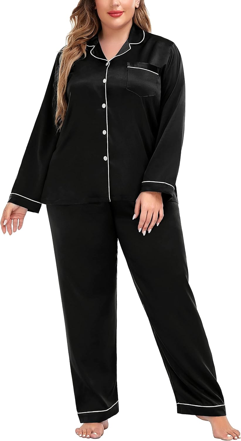 SWOMOG Womens Plus Size Pajamas Silky Pajama Set Button Down Sleepwear Classic Silk Pj Set Ladies Two Piece Loungewear Set - Image 5
