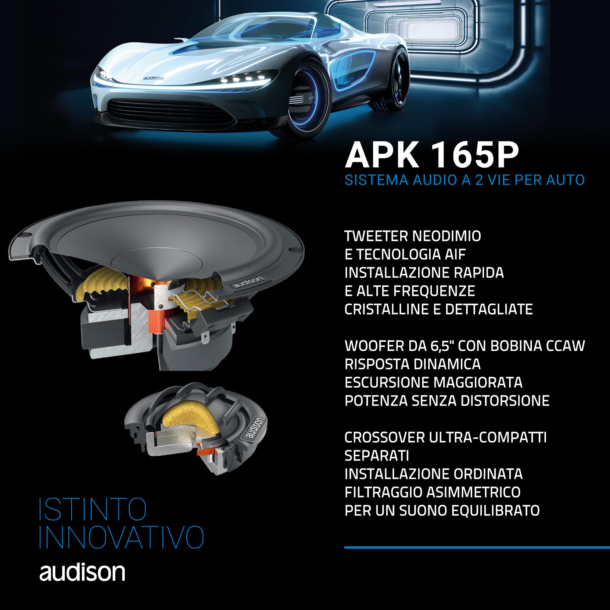 Audison APK 165P - Sistema audio a 2 vie per auto con woofer AP 6.5P da 165 mm, tweeter AP 1P da 25 mm e crossover passivo, risposta dinamica e potenza di picco 345W