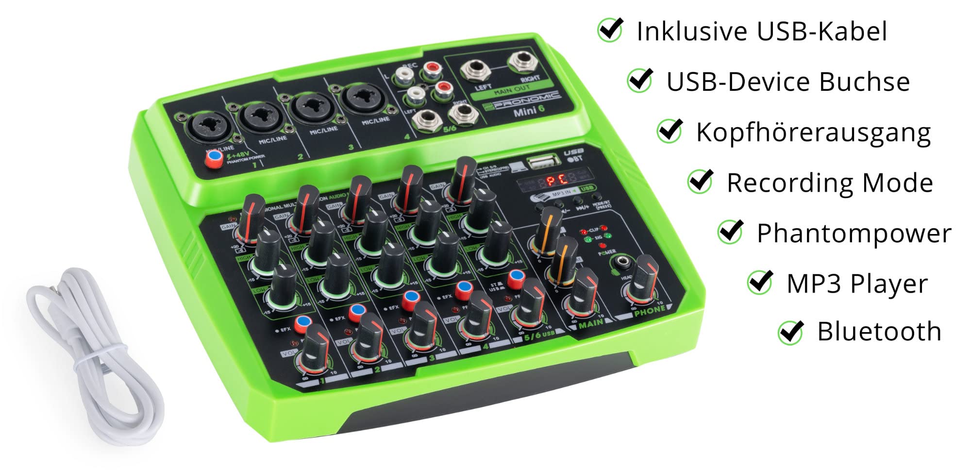 Pronomic Mini6 6-Channel Mixer with Multimedia Player - USB Powered, 4 Combo Jacks, Stereo Input, Bluetooth®, Audio Interface - Green