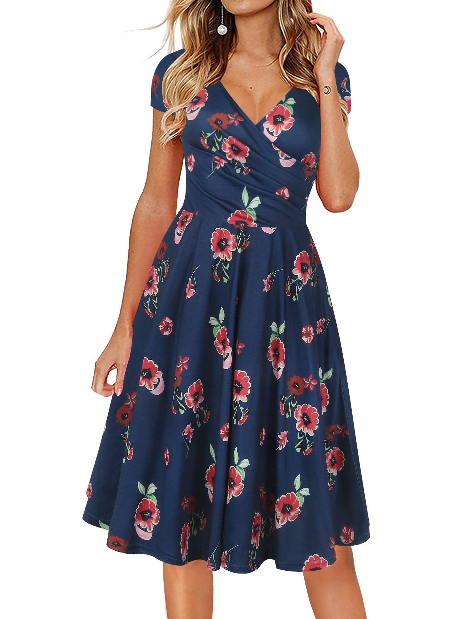 oxiuly Women's Cap Sleeve Summer Casual Dresses V-Neck Floral Vacation Party Dress OX233