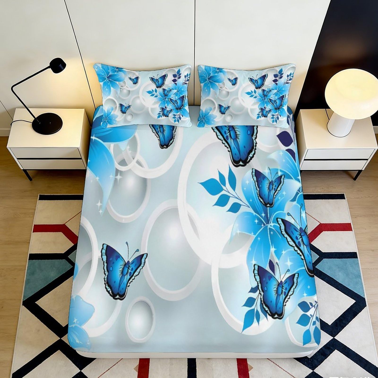 Uynsixtme Style-6 3D Printed Blue Butterfly Fitted Sheet Microfiber Deep Pocket Non-Slip Bedroom Bedding Set Blue Butterfly Mattress Fitted Cover For Adults Teens 200X200x25cm