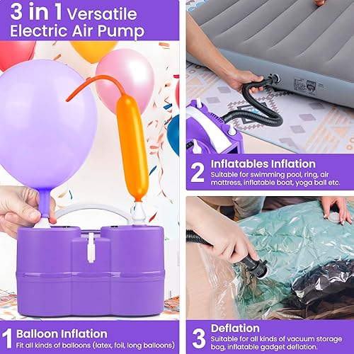 Miniatura 4 de Bomba de globos, bomba de aire eléctrica 3 en 1 para inflables y globos, bomba eléctrica de inflado de globos de doble boquilla para globos de papel